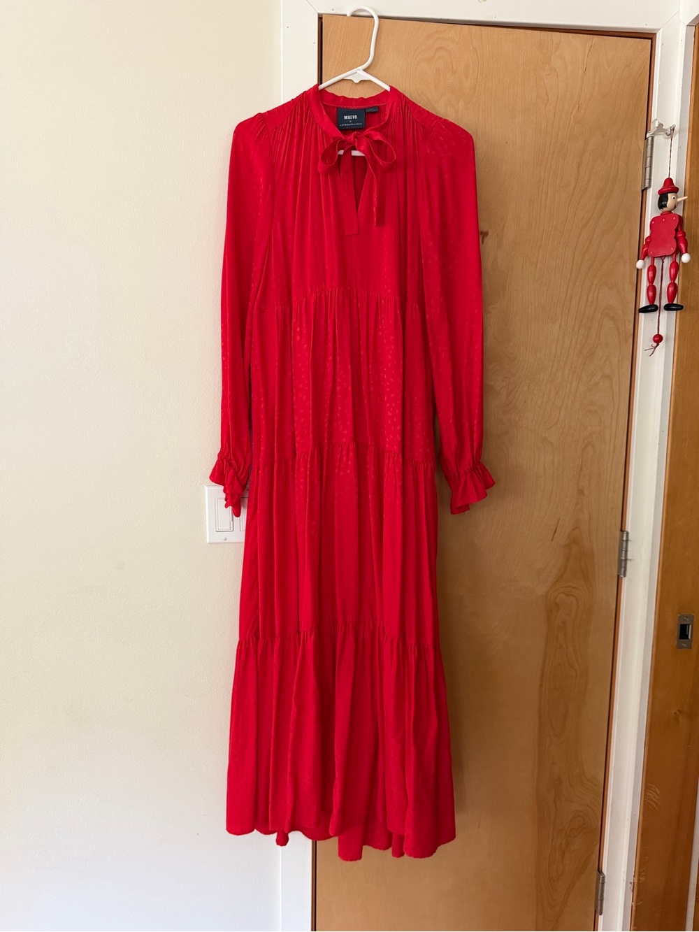 Maeve Red Long-Sleeve Tie-Neck Maxi Dress